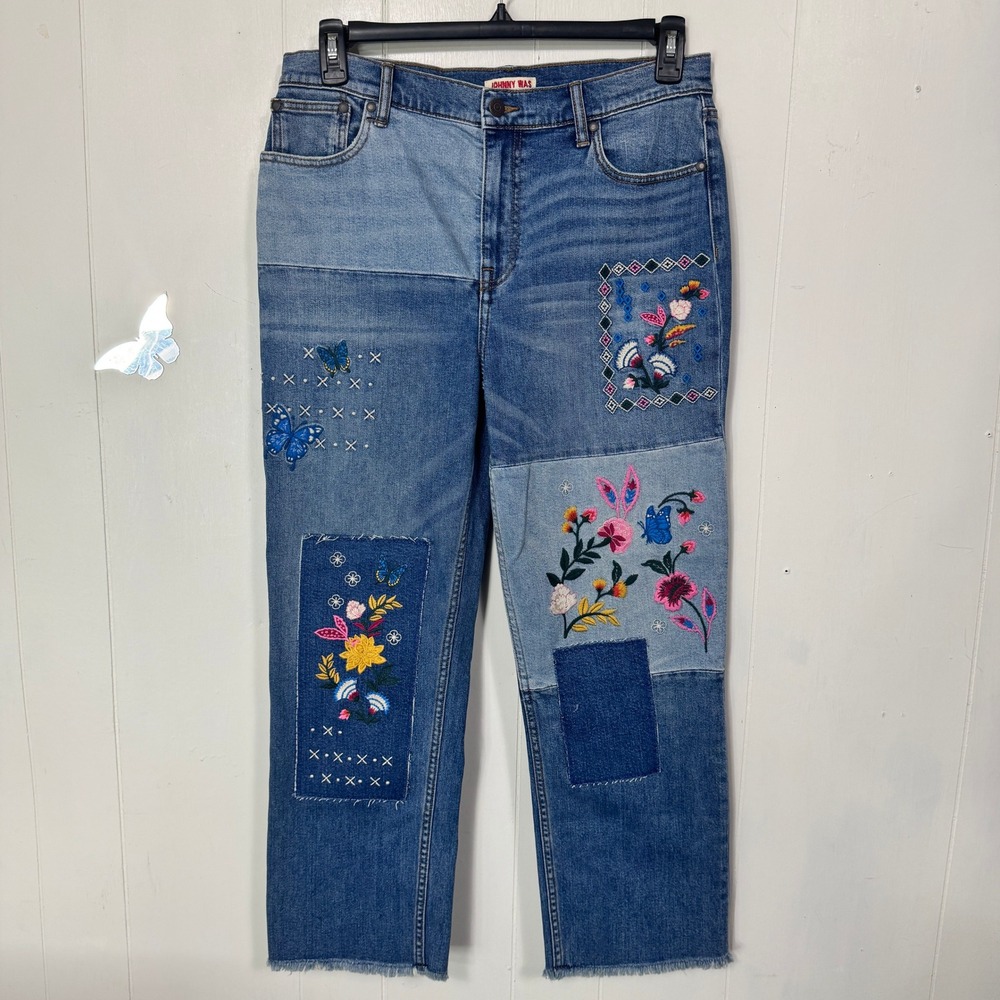 Johnny Was Sandra Straight Cropped Jean Size 31 Embroidered Patchwork High Rise